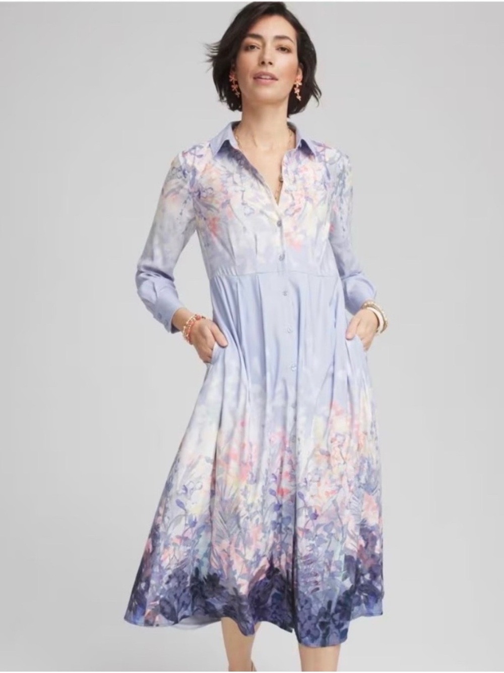 Chico's Lisbon Bloom Floral Matte Satin Midi Shirtdress Blue Size 3 US 16